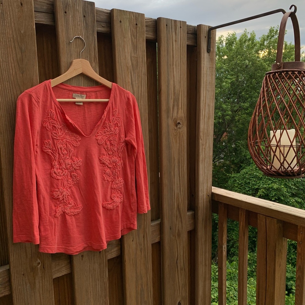 Lucky Brand Embellished Coral LS Tee